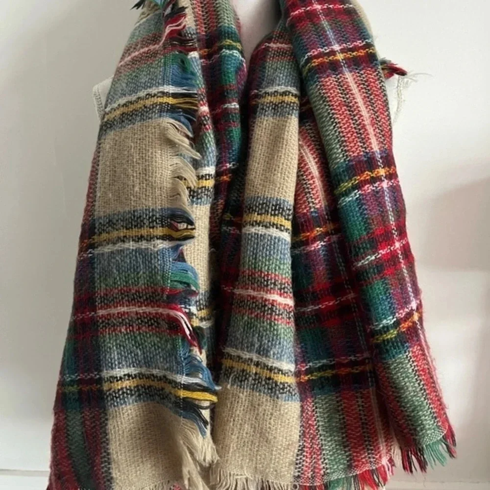 Unbranded Red Cream Green Multi Colored Plaid Blanket Scarf